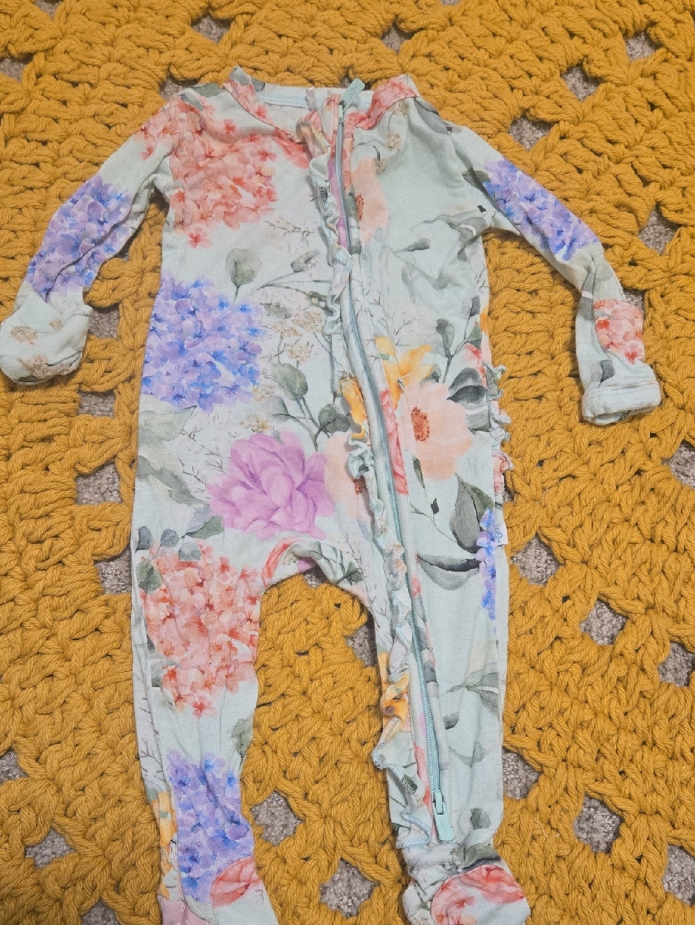 Posh Peanut Floral Ruffle Footie - Mint with Pink, Purple, Peach, Yellow